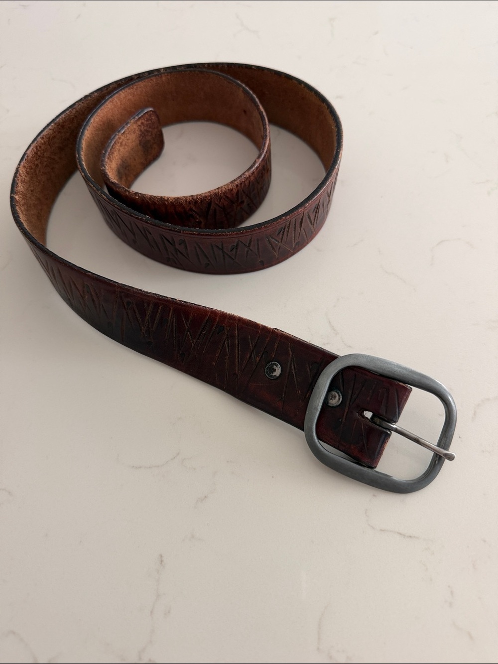Men's Handmade Stamped Brown Leather Belt with Distressed Finish